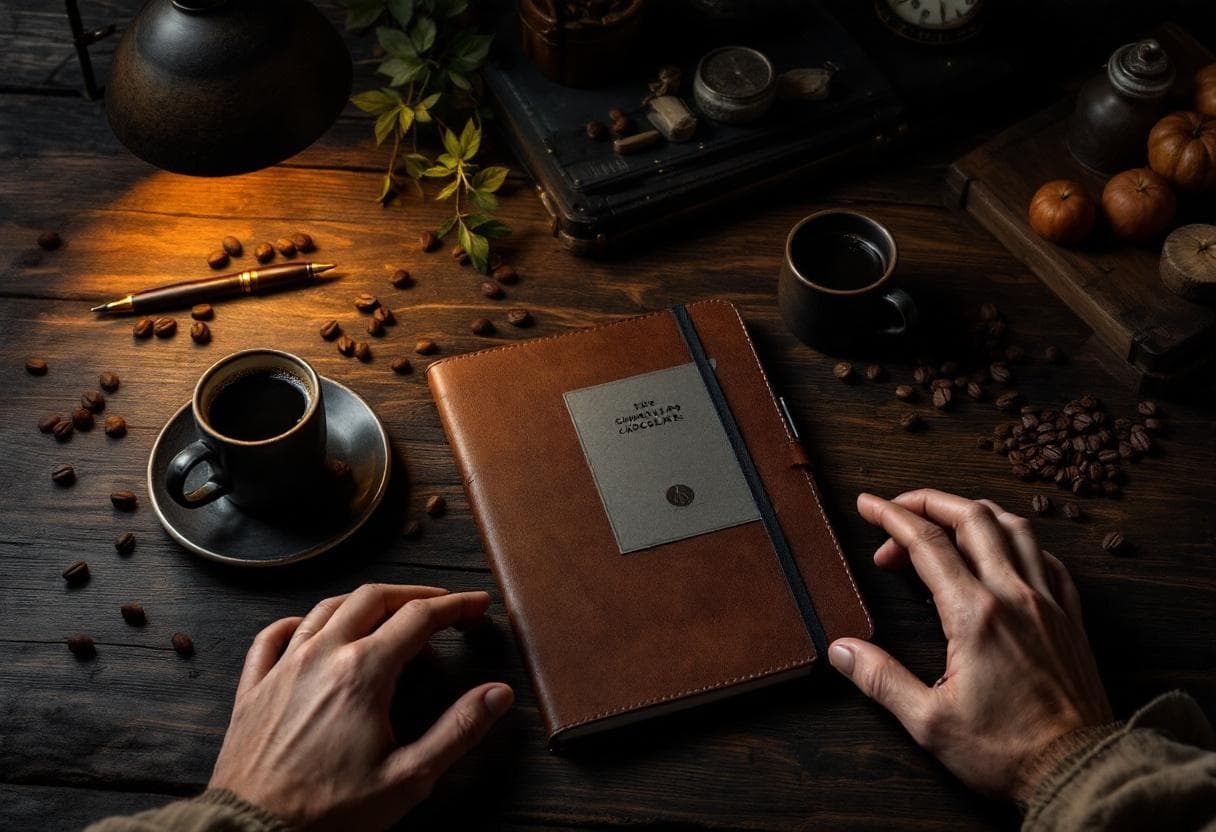 Escritorio con cuaderno de cuero y café